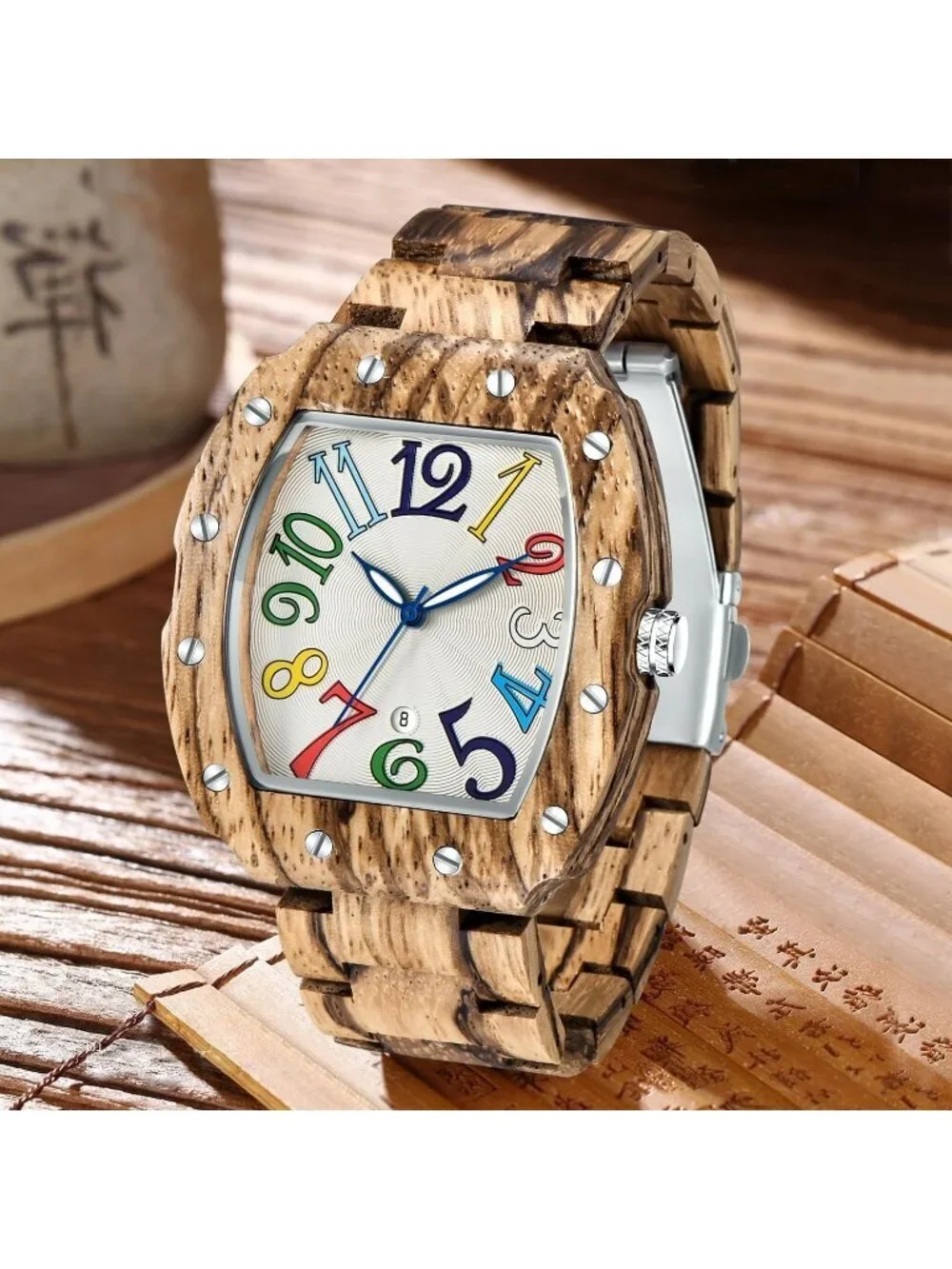 Men's Brown White Classic Handmade Square Bamboo Analog Date Quartz Wooden Watch
